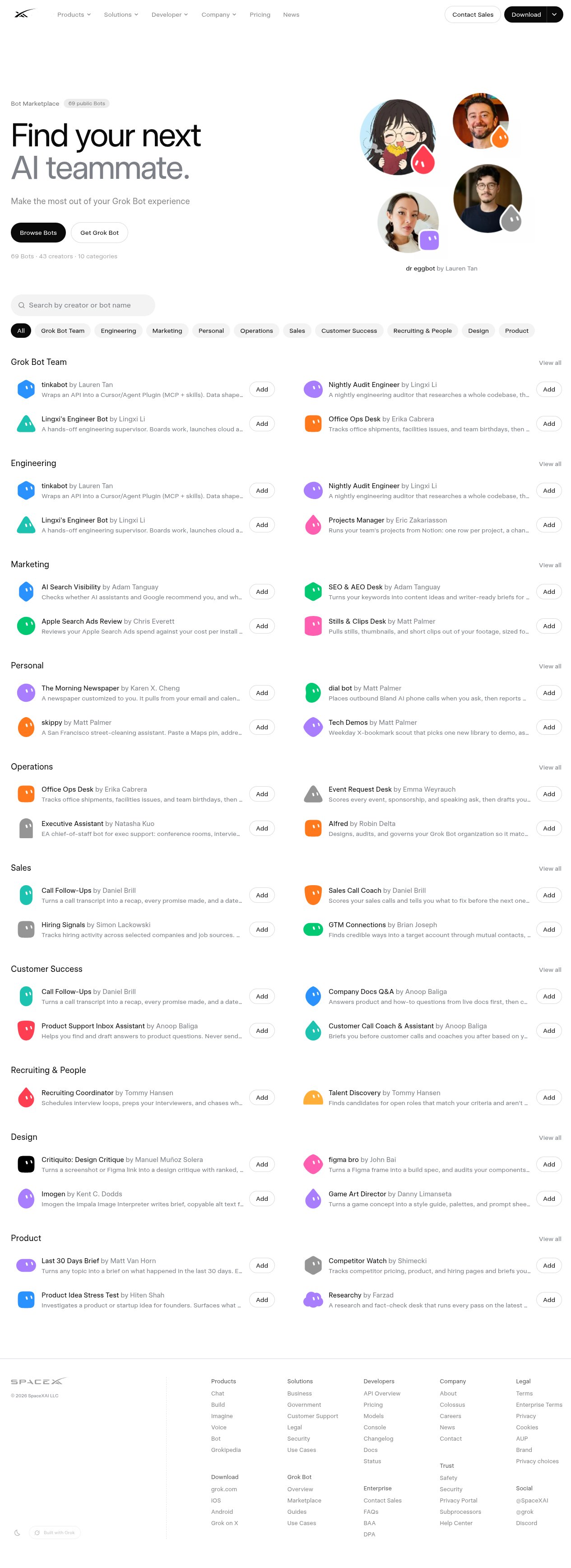 Official Bot Marketplace browse page with category shelves and packaged Bot templates