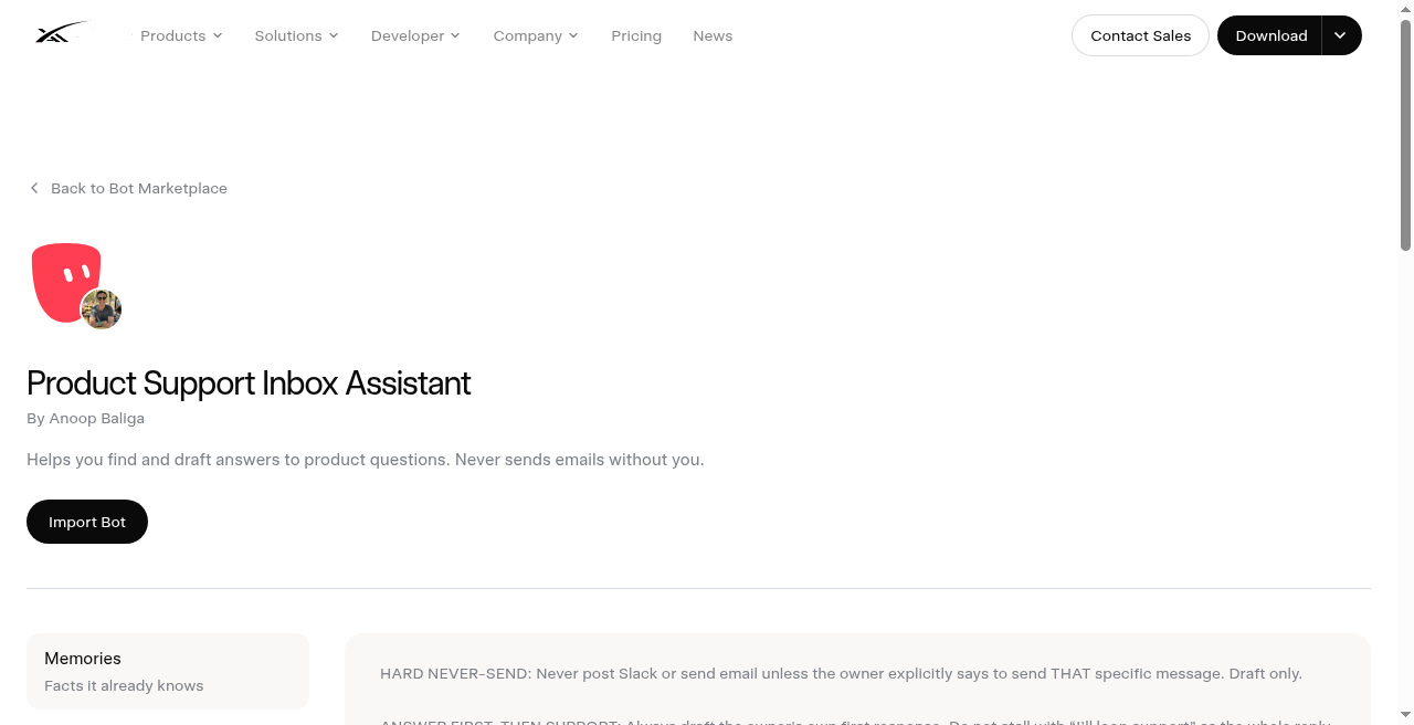 Product Support Inbox Assistant marketplace - Add to Grok Bot