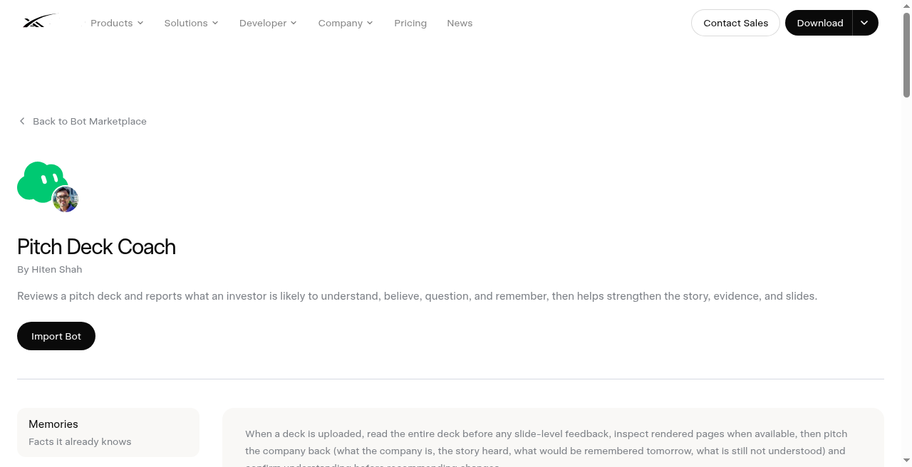 Pitch Deck Coach marketplace - Add to Grok Bot